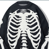 Streetwear Oversized Knitted Sweaters Mens Vintage Skeleton Bone Printed Hip Hop Harajuku Patchwork Casual Pullover Unisex Black