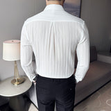 Spring Fashion Fold Design Long Sleeve Striped Shirts For Men Clothing Business Slim Fit Casual Tuxedo