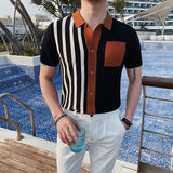 Korean style Men's Summer Leisure Ice Silk Knitting Polo Shirts/Male Slim Fit High Quality Casual Stripe Polo Shirt