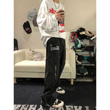 Fashion Flame Embroidery Men's Jeans Neutral Wide Leg Denim Trousers Loose Straight Jeans Youth Casual Baggy Hip Hop Pants
