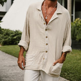 Men's White Casual Tops T Shirt Man Blouse Long Sleeve Vintage Cotton Linen Shirt Men Loose Baggy Shirts Silk Ropa Chemise Homme