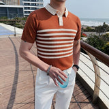 Spring and Autumn Men  Clothing Men Tee Shirt Men Man Luxury Quality Knitting Stripe Polo Shirt Male T-shirt Stylish and Simple