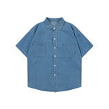 Blue Denim Short Sleeve Shirts Men Summer Thin Korean Fashion Top Vintage Oversize Baggy Cardigan Blouses Casual Man Y2K Clothes