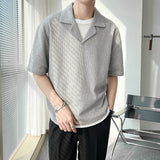 American Solid Color Cuban Collar T-shirt Short Sleeve Mens Niche Design New Summer Lapel Loose Waffle T Shirts for Men