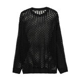 Men's Vintage Loose Smock Tops Summer Fashion All-match Casual Geometic Hollow Out Outfits See-though Knit Shirts
