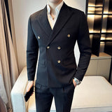 (Jacket+Pants) Men Blazers High Quality Double Breasted Business Suits/Male Slim Fit Waffle Groom's Wedding Dress Casual Tuxedo