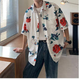 Couple Japanese Shirt Harajuku Oversized Short Sleeve Shirt for Men Women Hawaiian Print Flower Shirt Geometric Streetwear
