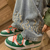 Fashion Flame Embroidery Men's Jeans Neutral Wide Leg Denim Trousers Loose Straight Jeans Youth Casual Baggy Hip Hop Pants