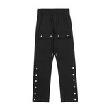 Side Ankle Button Pockets Drawstring Cargo Pants Men's Straight Solid Color Streetwear Baggy Casual Overalls Y2K Unisex Trousers