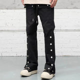 Side Ankle Button Pockets Drawstring Cargo Pants Men's Straight Solid Color Streetwear Baggy Casual Overalls Y2K Unisex Trousers
