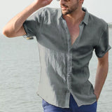 Hot Sale Men's Short-Sleeved Shirts Cotton Linen Summer Solid Color Turn-down Collar Quick Drying Casual Beach Style Plus Size