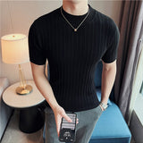 Summer Knitted Elasticity T Shirt Men Half High Collar Short Sleeve Casual Slim Fit Sweater Tops Tees Social Club T-Shirt
