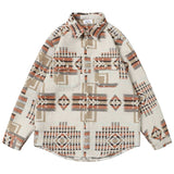 Winter Thicken Button Shirts Geometric Graphic Striped Nation Style Woolen Shirts Men's Autumn Button Up Blouse