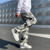 Mens Fashion Printed jeans Spring  Mopping Trousers Jeans Korean Style High Street Loose Hip Hop Wide-leg Jean Pants