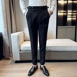 Autumn Winter Pantalones Hombre High waist Waffle Business Casual Suit Pants For Men Clothing Slim Fit Formal Wear Trousers 36