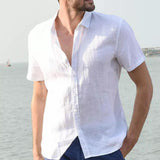 Hot Sale Men's Short-Sleeved Shirts Cotton Linen Summer Solid Color Turn-down Collar Quick Drying Casual Beach Style Plus Size