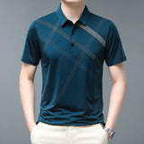 Men T Shirt Business Casual Striped Print Regular Fit Summer T Shirts for Men Turn-Down Collar Short Sleeve Men Tees Tops