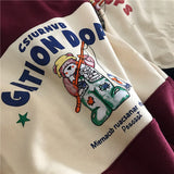Women Sweatshirts Autumn Casual Vintage Letter Bear Print Striped Patchwork Polo Collar Harajuku Oversized Hooded Pullover Tops