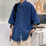 Blue Denim Short Sleeve Shirts Men Summer Thin Korean Fashion Top Vintage Oversize Baggy Cardigan Blouses Casual Man Y2K Clothes