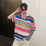 Niche Hollow Out Design New Men's T-shirt Male Casual Contrast Color Summer Short Sleeve Striped Knitwear Trend