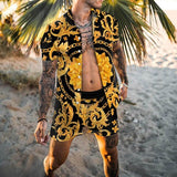 Trend Men Hawaiian Sets Summer Leopard Printing Short Sleeve Button Shirt Beach Shorts Two Set Casual Holiday Mens 2 Piece Suit