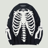 Streetwear Oversized Knitted Sweaters Mens Vintage Skeleton Bone Printed Hip Hop Harajuku Patchwork Casual Pullover Unisex Black
