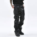 Hip Hop Mens Pleated Pu Leather Pants Harajuku Retro Streetwear Loose Ruched Casual Trousers Straight Solid Color Black Pants