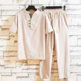 New Arrival Men's Cotton and Linen Short Sleeve T-shirt+Ankle Length Pant Set Solid Shirt+Trousers Home Suits Male Size S-3XL