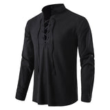 Men Cotton Linen Shirt Casual Shirts Long Sleeve Shirt V-neck Blouse Casual Harajuku Tops Thin Tees with Lace Up Men Clothing