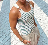 Tops American Style Men's Horizontal Stripe Blue&White Strap Buckle Design Vests Casual Men's Sports Knit Waistcoat