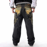 Street Dance Wide Legs Baggy Jeans Men Fashion Embroidery Black Loose Board Denim Pants Male Rap Hip Hop Jeans Plus Size 30-46