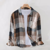 Cotton Linen Casual Plaid Shirts for Men Long Sleeve Tops Male Loose Turn-down Collar Fashion Clothing Trends