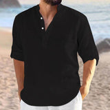 Mens Casual Cotton Linen Turn-down Collar Single Breasted Shirt 3/4 Sleeve Loose Blouse Button V Neck Shirts Tops Clothing