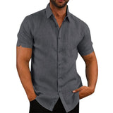 Cotton Line Hot Sale Men's Short-Sleeved Shirts Summer Solid Color Turn-down collar Casual Beach Style Plus Size