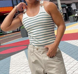 Tops American Style Men's Horizontal Stripe Blue&White Strap Buckle Design Vests Casual Men's Sports Knit Waistcoat