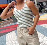 Tops American Style Men's Horizontal Stripe Blue&White Strap Buckle Design Vests Casual Men's Sports Knit Waistcoat