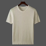 Summer Men T-shirt Knitted Short Sleeves Top Sweater Men's Solid Color O-neck Pullover Thick Slim Knitted Tees D215