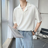 American Solid Color Cuban Collar T-shirt Short Sleeve Mens Niche Design New Summer Lapel Loose Waffle T Shirts for Men
