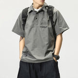 Solid Color Work Clothes POLO Collar Summer Men's Short-sleeved Fashion Shirt Casual Loose Print Patchwork Button Commuting