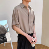 Short Sleeve Shirt Men Korean Fashion Half-sleeved Shirt Handsome Summer Lapel Solid Color Casual Ice Silk High Quality Top