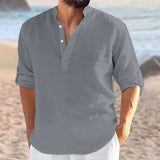 Mens Casual Cotton Linen Turn-down Collar Single Breasted Shirt 3/4 Sleeve Loose Blouse Button V Neck Shirts Tops Clothing