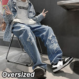 Vintage Women's Men's Korean Denim Pants Y2K Cltohes Streetwear Printed Patchwork Male Baggy Jeans Straight Trousers For Men