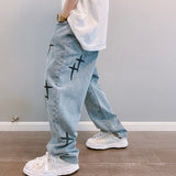 New Embroidered Jeans Men Straight Loose Wide-leg Pants Spring and Autumn Korean Fashion High Street Hip Hop Style Male Trousers