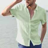 Hot Sale Men's Short-Sleeved Shirts Cotton Linen Summer Solid Color Turn-down Collar Quick Drying Casual Beach Style Plus Size
