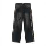 New Male Vintage Burrs Jeans High Street Loose Tie-dye Straight Denim Pants Men's Fashion Gradient Color Trousers