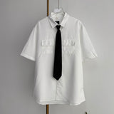 EBAIHUI Men's White Shirts with Tie Set Preppy Uniform DK Loose Long Sleeve Shirt Couple Loose Basic Short Shirts Asian Size