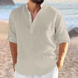 Mens Casual Cotton Linen Turn-down Collar Single Breasted Shirt 3/4 Sleeve Loose Blouse Button V Neck Shirts Tops Clothing