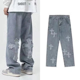 Streetwear Hip Hop Low Rise Baggy Jeans For Men Korean Y2k Fashion Trousers Cross Denim Pants Women Cargo Pants Punk Clothes