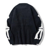 Streetwear Oversized Knitted Sweaters Mens Vintage Skeleton Bone Printed Hip Hop Harajuku Patchwork Casual Pullover Unisex Black