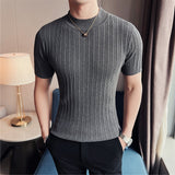 Summer Knitted Elasticity T Shirt Men Half High Collar Short Sleeve Casual Slim Fit Sweater Tops Tees Social Club T-Shirt